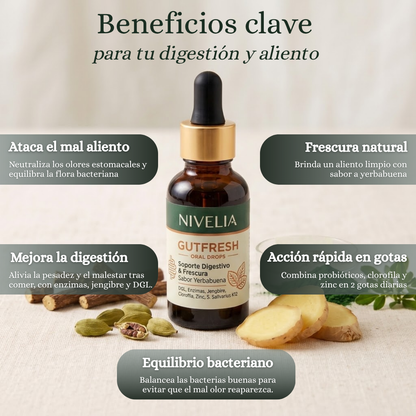 NIVELIA® GUTFRESH — Elimina el mal aliento desde su origen digestivo, no solo lo enmascaras — Sabor Yerbabuena — con solo 2 gotas al día - resultados desde la primera toma